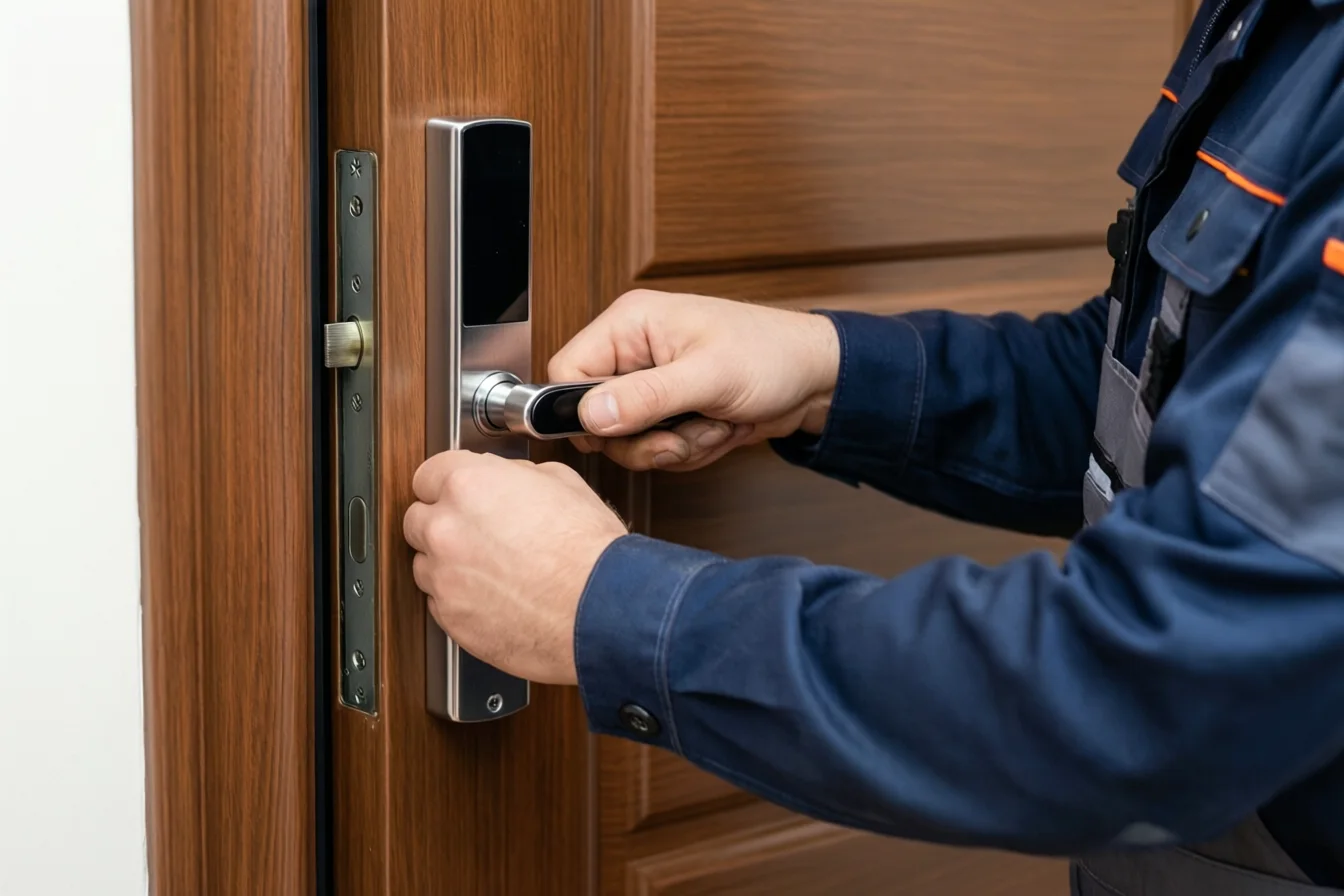 Instalace zámků – Zaměstnanec zaměčnictví montuje moderní zámek na dveře.